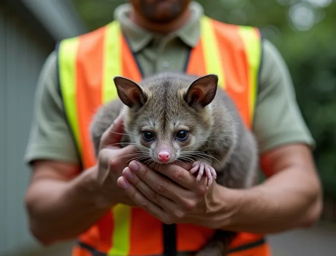Animal handler safely recovering a deceased possum in Garden City